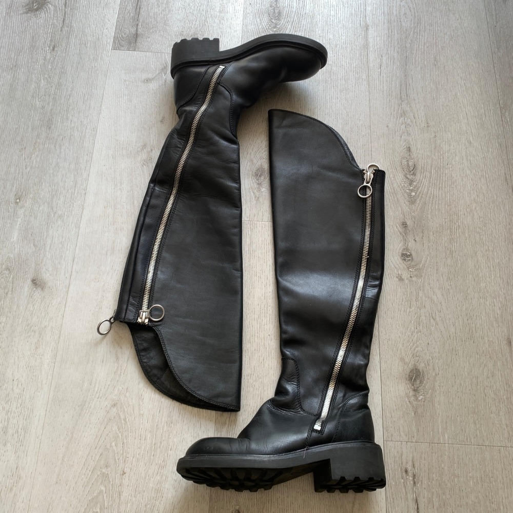 Ash Seven Black Leather Over The Knee Moto Boots Side Zip Lug Sole Size 37